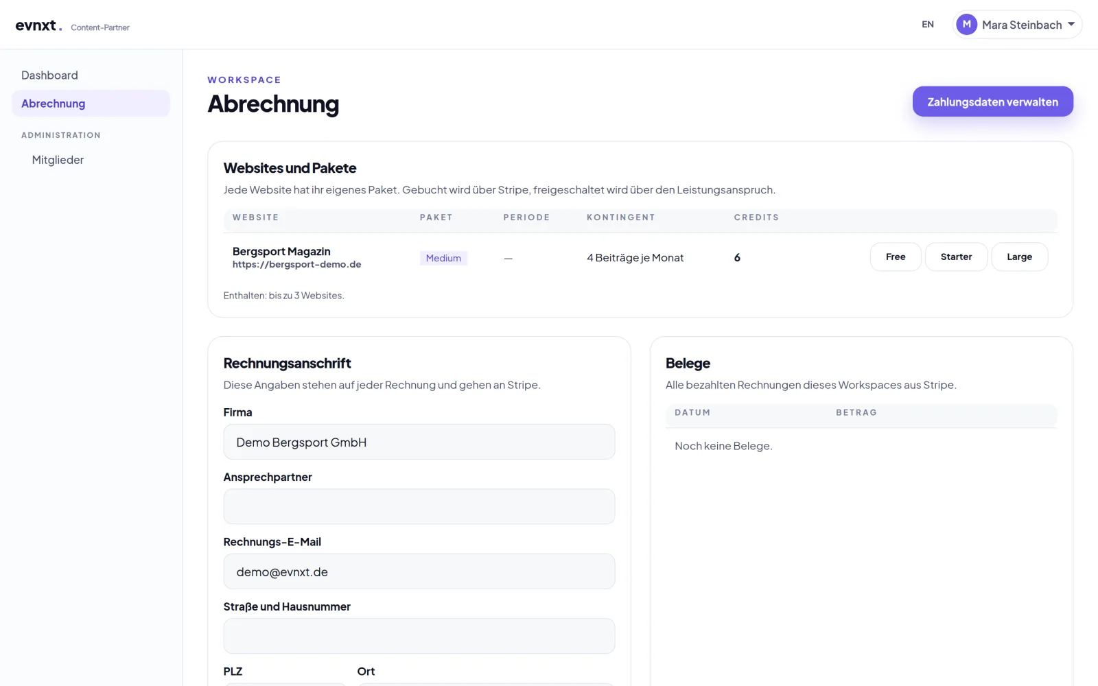 Abrechnung des Workspaces: Tabelle „Websites und Pakete“ mit Paket Medium, Kontingent von vier Beiträgen je Monat und sechs Credits, darunter Rechnungsanschrift und Belege