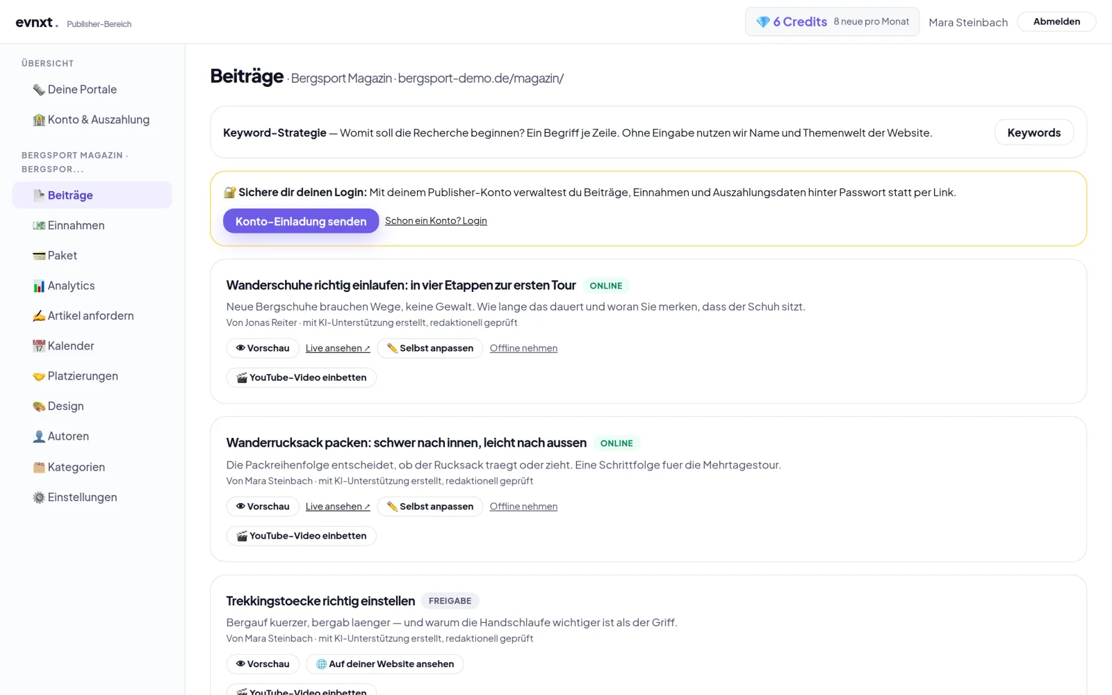 Tab „Beiträge“ im Publisher-Bereich: je Beitrag Titel, Status, Teaser, Autor und KI-Kennzeichnung sowie die Schaltflächen für Vorschau, eigene Anpassung und Veröffentlichung