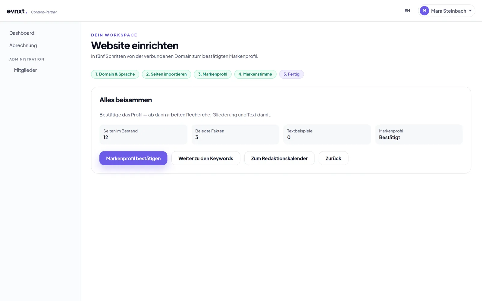 Assistent „Website einrichten“ mit der Schrittleiste von „1. Domain & Sprache“ bis „5. Fertig“ und der Zusammenfassung mit Seiten im Bestand, belegten Fakten und bestätigtem Markenprofil