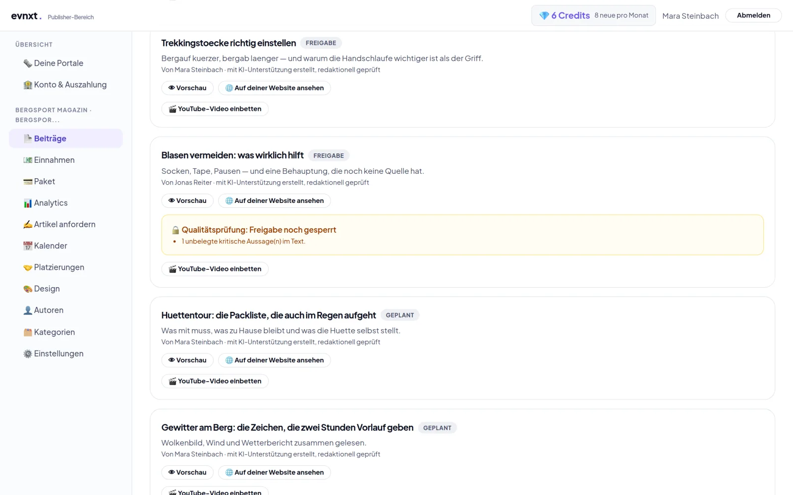Beitrag in der Freigabe mit dem gelben Kasten „Qualitätsprüfung: Freigabe noch gesperrt“ und dem Befund „1 unbelegte kritische Aussage(n) im Text“