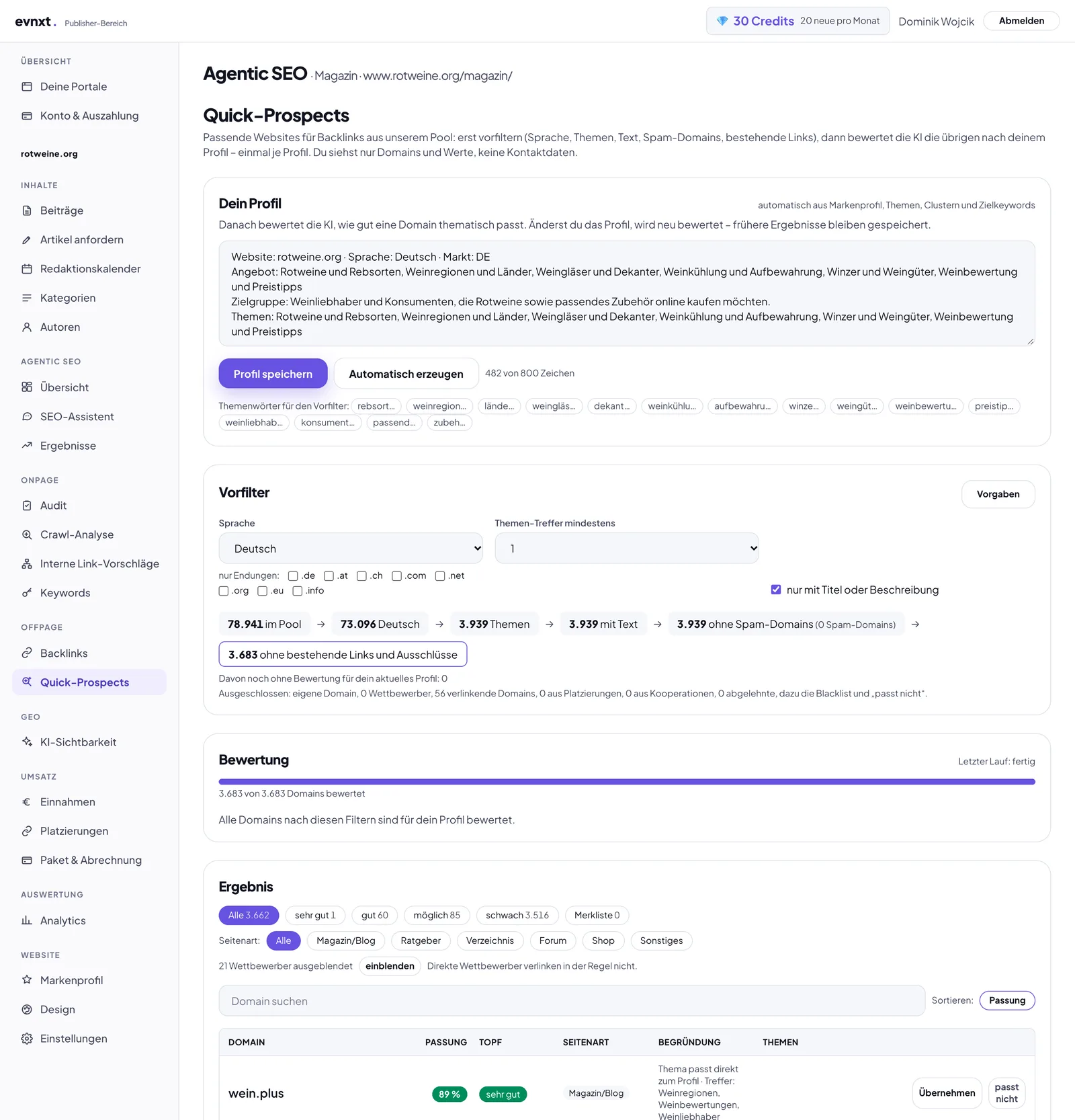 Quick-Prospects: oben das Profil der eigenen Website, darunter der Vorfilter mit Sprache, Endungen und Themen-Treffern, die Bewertung und die Ergebnisgruppen von „sehr gut“ bis „schwach“