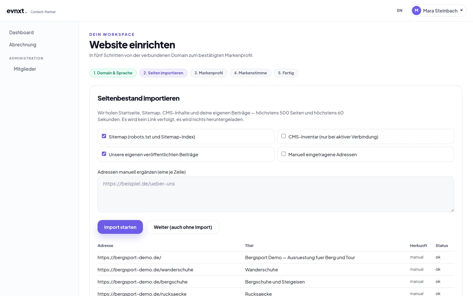 Schritt 2 „Seitenbestand importieren“ mit den Quellen Sitemap, CMS-Inventar, eigene Beiträge und manuelle Adressen sowie der Tabelle aus Adresse, Titel, Herkunft und Status