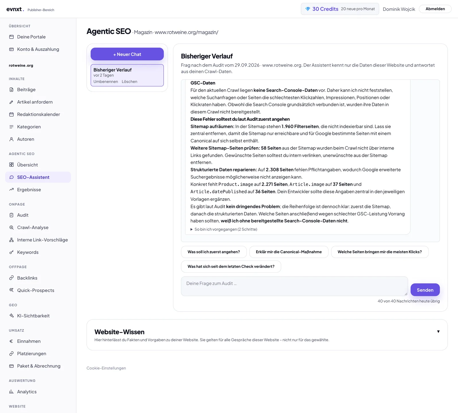 SEO-Assistent: links die Liste der Gespräche, rechts eine Antwort mit der Reihenfolge der Maßnahmen, darunter Vorschlagsfragen und das Eingabefeld