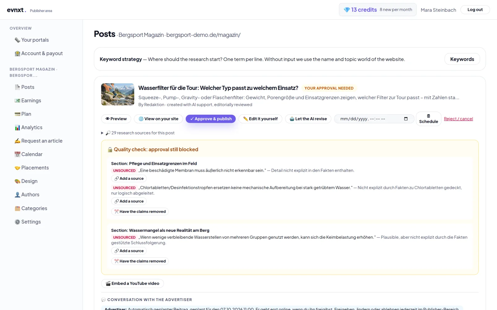 Article with fact check: unsupported claims per section, add a source or drop the claim, then approve